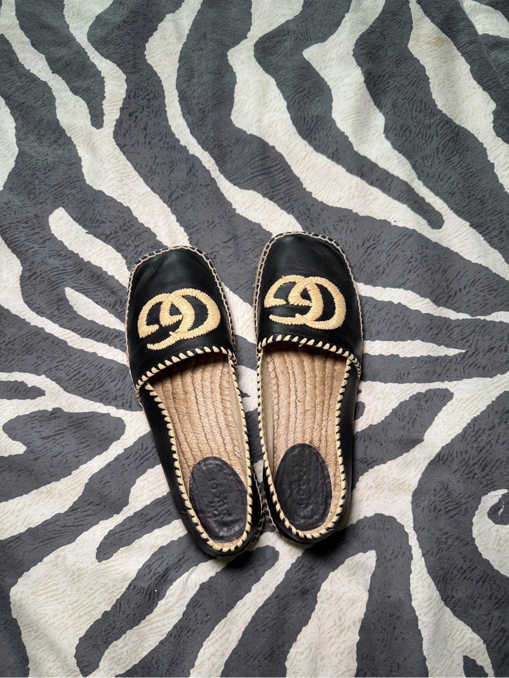 Gucci Black Espadrille Flats with Natural Woven Logo